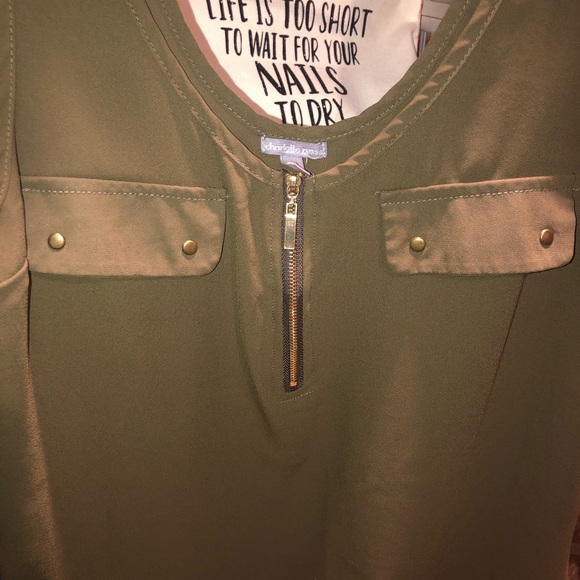 Olive green dressy tank with gold zipper - Picture 2 of 7